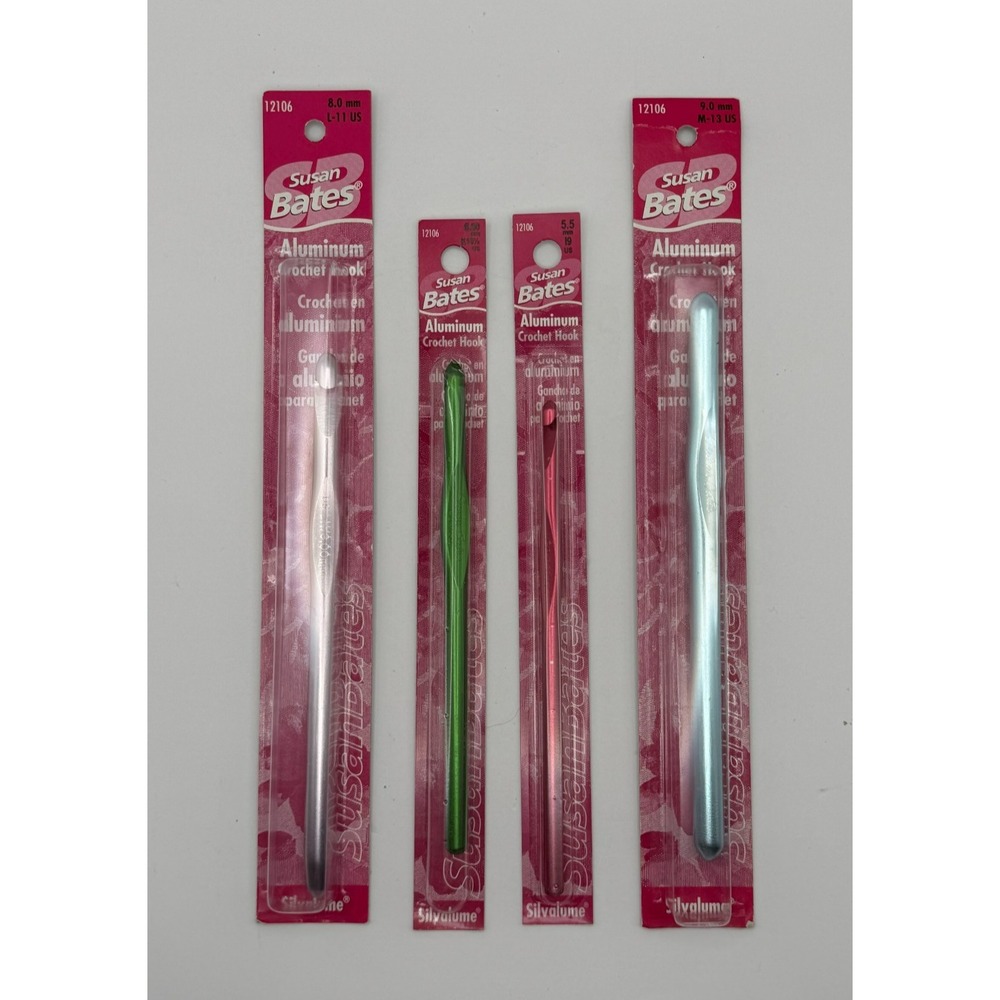 Susan Bates Silvalume Aluminum Crochet Hooks Lot 4 Sizes 5.5 6.5 8 9mm NEW